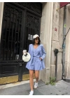 ÇİZGİLİ KETEN CEKET YELEK ŞORT TK - Mavi