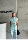 ÇİZGİLİ KETEN KOLSUZ CROP PANTOLON TAKIM - Yeşil