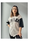 Complex Kolları Deri Kolej Oversize T-shirt - Beyaz