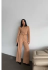 CROP CEKET - PANTOLON TAKIM GOLD DÜĞME DETAYLI - Kahverengi
