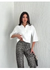 Crop Yakalı Gömlek Üç Çeyrek Sleeve Kol - Beyaz