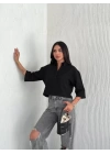 Crop Yakalı Gömlek Üç Çeyrek Sleeve Kol - Siyah