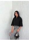 Crop Yakalı Gömlek Üç Çeyrek Sleeve Kol - Siyah