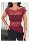 bysoca Kadın Bordo Kayık Yaka Asimetrik Kesim Fisto Dantel Transparan Crop Bluz