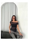 bysoca Kadın Siyah Kayık Yaka Asimetrik Kesim Fisto Dantel Transparan Crop Bluz