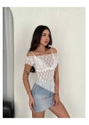 bysoca Kadın Beyaz Kayık Yaka Asimetrik Kesim Fisto Dantel Transparan Crop Bluz