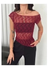 bysoca Kadın Bordo Kayık Yaka Asimetrik Kesim Fisto Dantel Transparan Crop Bluz