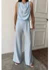 DEGAJE YAKA KOLSUZ BLUZ - PANTOLON TAKIM - Mavi