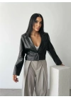 DERİ CROP CEKET TEK DÜĞME - Siyah