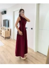 Dik Yuvarlak Yaka Önden Fermuarlı Sifir Kol Beli Oturtmalı Kolsuz Cepli Çan Etekli Uzun Elbise - Bordo
