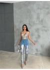 DİZ YIRTIK VARAKLI MOM KOT PANTOLON - Gümüş