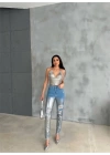 DİZ YIRTIK VARAKLI MOM KOT PANTOLON - Gümüş