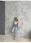 DİZ YIRTIK VARAKLI MOM KOT PANTOLON - Gümüş