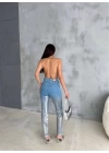 DİZ YIRTIK VARAKLI MOM KOT PANTOLON - Gümüş