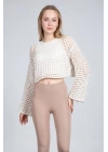 Ekru Ajurlu Crop Bluz - Ekru
