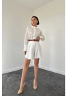 Ekru Dantelli Gömlek Ve Ponpolu Şort Takım