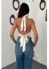 Kadın Ekru Çiçekli Bağlamalı Saten Bluz