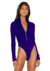 bysoca Kadın Mavi Balıkçı Yaka Fermuarlı Uzun Kollu Vücudu Saran Sandy Kumaş Tanga Bodysuit