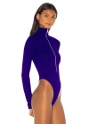 bysoca Kadın Mavi Balıkçı Yaka Fermuarlı Uzun Kollu Vücudu Saran Sandy Kumaş Tanga Bodysuit