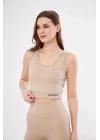 Fitilli Baskılı Crop - Bej