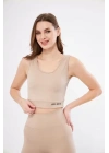 Fitilli Baskılı Crop - Bej