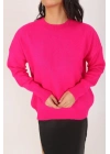 Kadın Fuşya Bisiklet Yaka Uzun Kollu Oversize Yumuşak Dokulu Triko Kazak