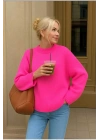 Kadın Fuşya Bisiklet Yaka Uzun Kollu Oversize Yumuşak Dokulu Triko Kazak
