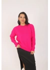 Kadın Fuşya Bisiklet Yaka Uzun Kollu Oversize Yumuşak Dokulu Triko Kazak