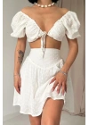 Fuşya Brode Crop Ve Mini Etek Takım