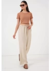 Geniş Paça Keten Pantolon 6735 - Krem