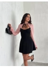Göğsü Bağlamalı  Kalp Yaka Kolları Şifon Mini Elbise - Siyah Pembe