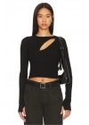 bysoca Kadın Siyah Göğüs Dekolteli Bisiklet Yaka Uzun Kollu Parmak Geçmeli Crop Top