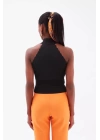 bysoca Kadın Siyah Gömlek Yaka Halter Kesim Sırtı Açık Kenarları Tırtıklı Fitilli Triko Crop Bluz