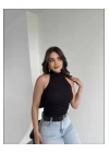 bysoca Kadın Siyah Halter Yaka Sırtı Açık Boyundan Bağlamalı Gofre Dokulu Yazlık Crop Bluz