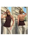 bysoca Kadın Kahverengi Halter Yaka Sırtı Açık Boyundan Bağlamalı Gofre Dokulu Yazlık Crop Bluz