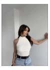 bysoca Kadın Krem Halter Yaka Sırtı Açık Boyundan Bağlamalı Gofre Dokulu Yazlık Crop Bluz
