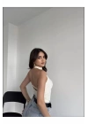 bysoca Kadın Krem Halter Yaka Sırtı Açık Boyundan Bağlamalı Gofre Dokulu Yazlık Crop Bluz
