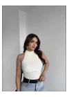 bysoca Kadın Krem Halter Yaka Sırtı Açık Boyundan Bağlamalı Gofre Dokulu Yazlık Crop Bluz