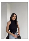 bysoca Kadın Siyah Halter Yaka Sırtı Açık Boyundan Bağlamalı Gofre Dokulu Yazlık Crop Bluz