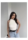 bysoca Kadın Krem Halter Yaka Sırtı Açık Boyundan Bağlamalı Gofre Dokulu Yazlık Crop Bluz