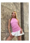 bysoca Kadın Pembe Halter Yaka Sırtı Açık Boyundan Bağlamalı Gofre Dokulu Yazlık Crop Bluz
