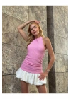 bysoca Kadın Pembe Halter Yaka Sırtı Açık Boyundan Bağlamalı Gofre Dokulu Yazlık Crop Bluz