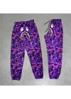 İki İplik Mevsimlik Bape Nakişli Eşofman Pantolon - Mor