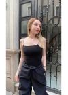 bysoca Kadın Siyah İnce İp Askılı Kare Yaka Basic Sandy Kumaş Günlük Atlet Bodysuit