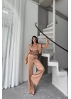 JAKARLI BLUZU TASARIM DETAYLI CEKET-PANTOLON-BLUZ 3 LÜ TAKIM - Bej