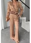 JAKARLI BLUZU TASARIM DETAYLI CEKET-PANTOLON-BLUZ 3 LÜ TAKIM - Bej