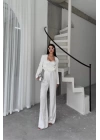 JAKARLI BLUZU TASARIM DETAYLI CEKET-PANTOLON-BLUZ 3 LÜ TAKIM - Beyaz