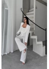 JAKARLI BLUZU TASARIM DETAYLI CEKET-PANTOLON-BLUZ 3 LÜ TAKIM - Beyaz
