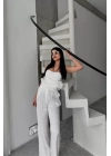 JAKARLI BLUZU TASARIM DETAYLI CEKET-PANTOLON-BLUZ 3 LÜ TAKIM - Beyaz