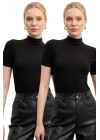 Kadın 2li Siyah Yarım Balıkçı Yaka Kısa Kollu Esnek Pamuklu Basic Bluz